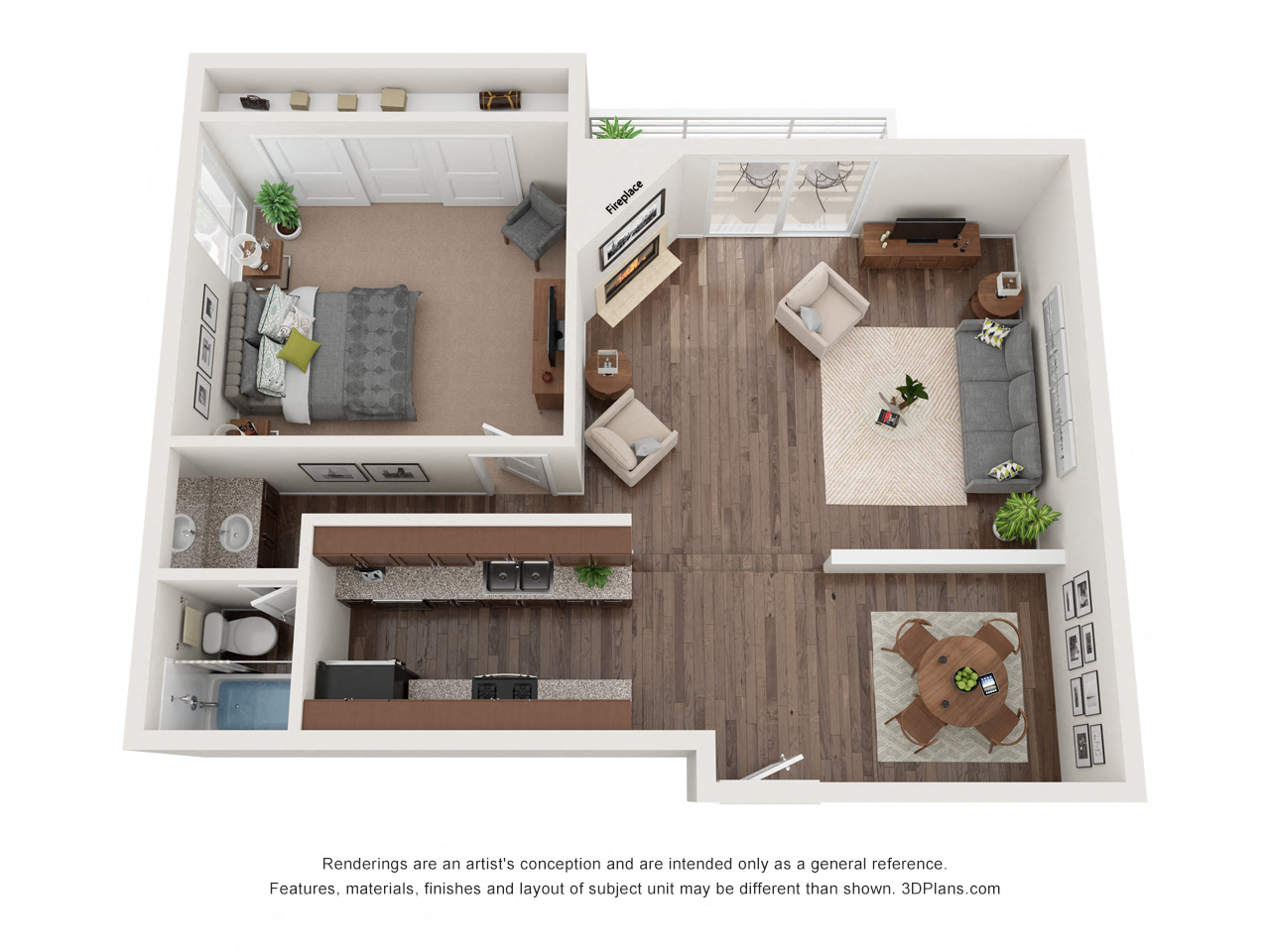 Floor plan for 1 bed, 1 bath, 757 sqft